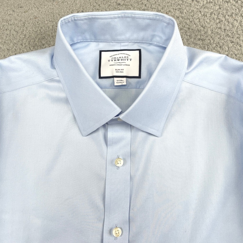Charles Tyrwhitt Dress Shirt Mens 17/34 Blue Slim Fit Non-Iron French Cuff